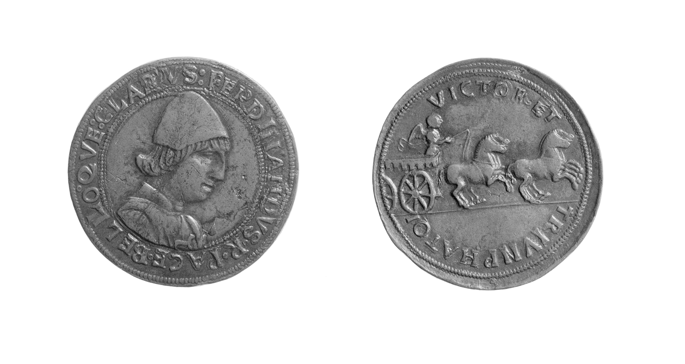 Coin by Liparolo. Left: Obverse. Bust of King Ferrante of Naples © Ashmolean Museum, University of Oxford. Right: Reverse. © Ashmolean Museum, University of Oxford.