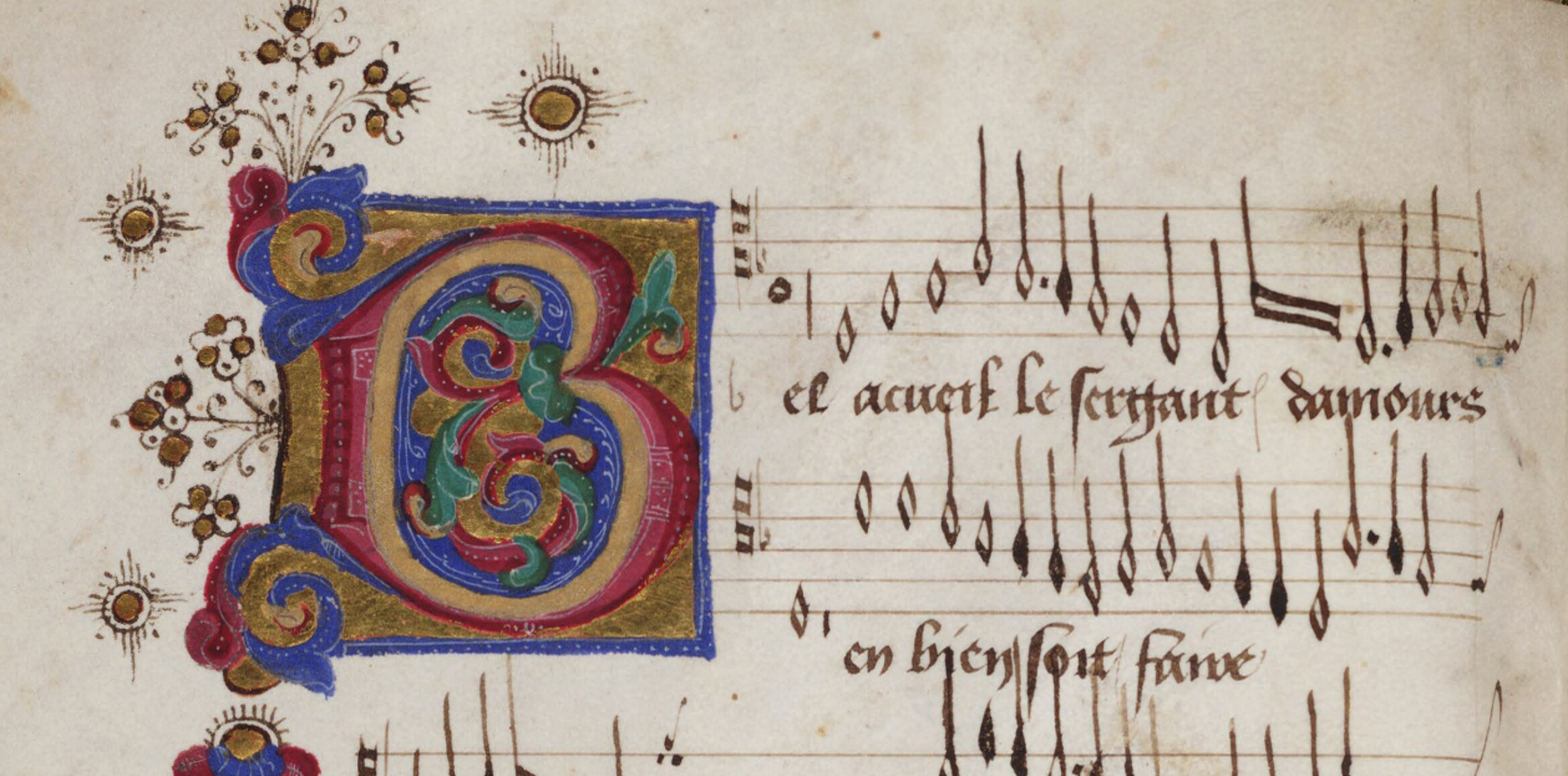  Antoine Busnoys, Bel Acueil (beginning of Discantus). Mellon Chansonnier (New Haven, Yale University, Beinecke Rare Book and Manuscript Library, MS 91), fol. 1v (detail).
