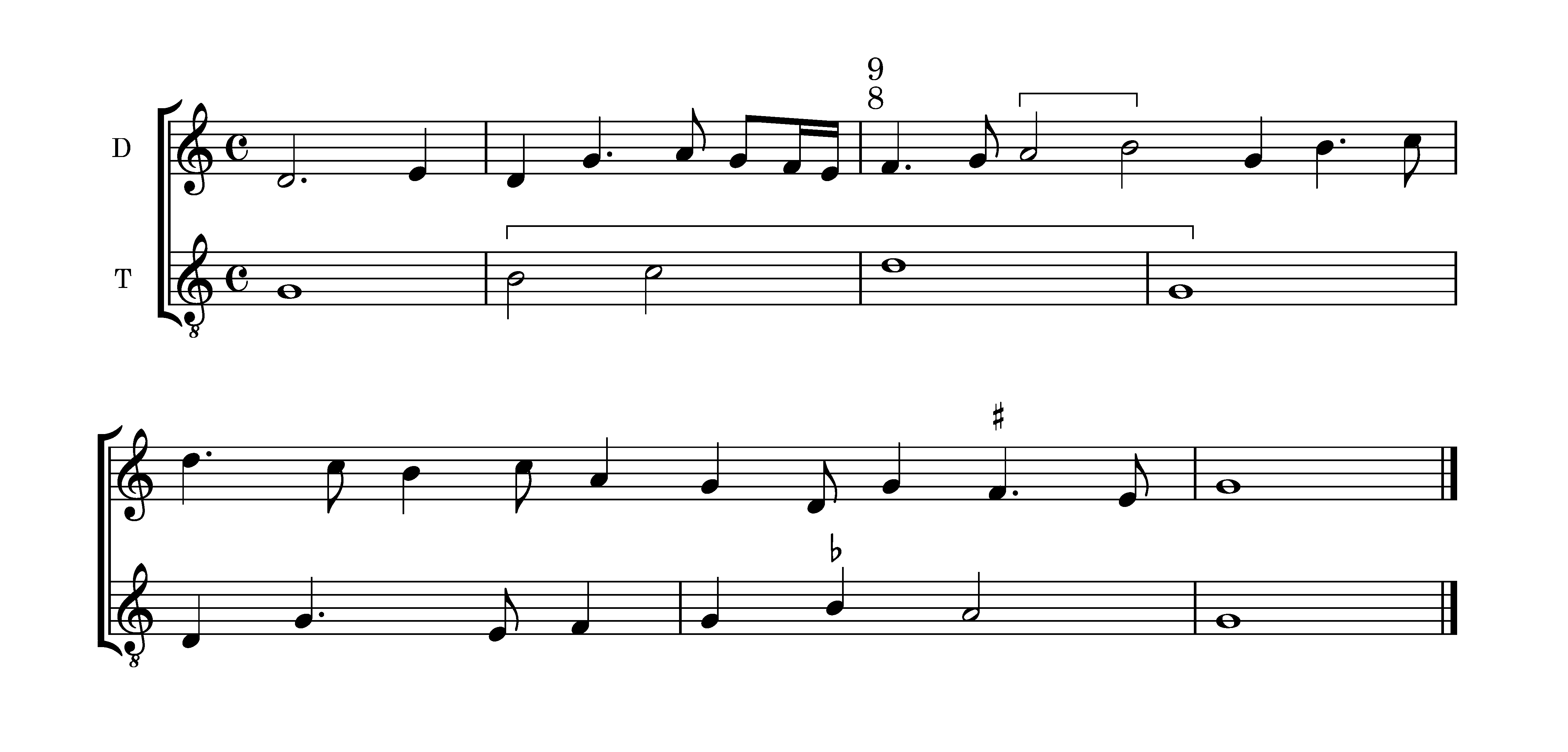 From Johannes Tinctoris, Proportionale musices, Book I, chapter 6, illustrating sesquioctava proportion: edited in common-practice notation.