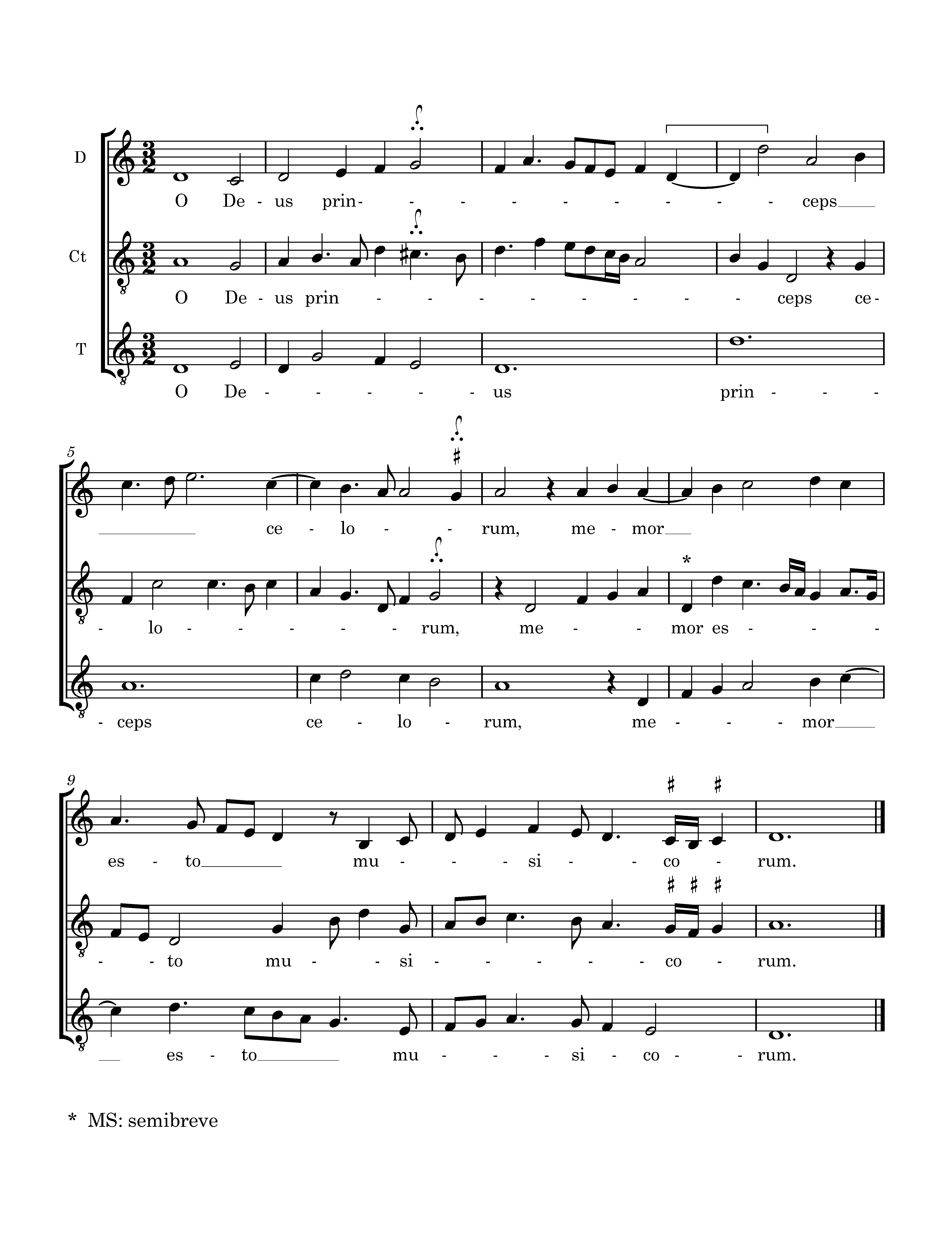 From De arte contrapuncti, Book II, chapter 34, illustrating a false concord immediately before a cadence, edited in common-practice notation.